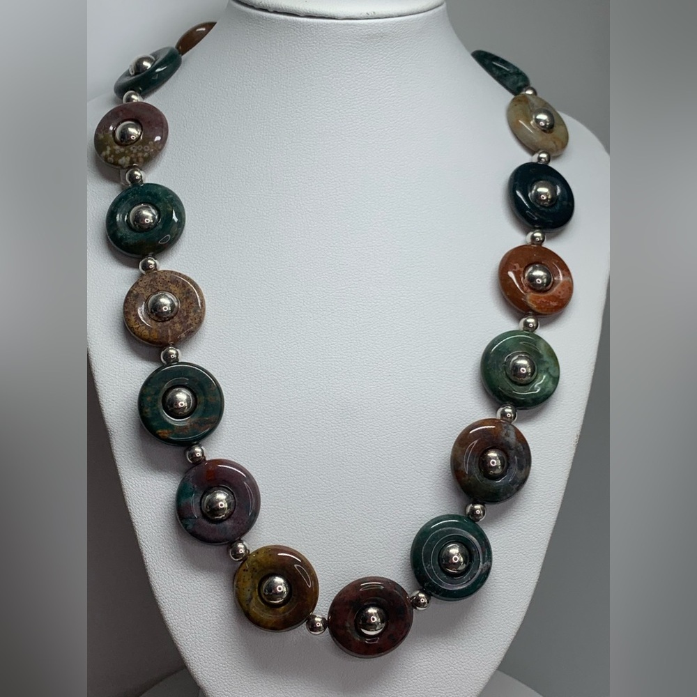 Stunning Sterling Silver & Multi-Color Jasper Donut Beaded Statement Necklace